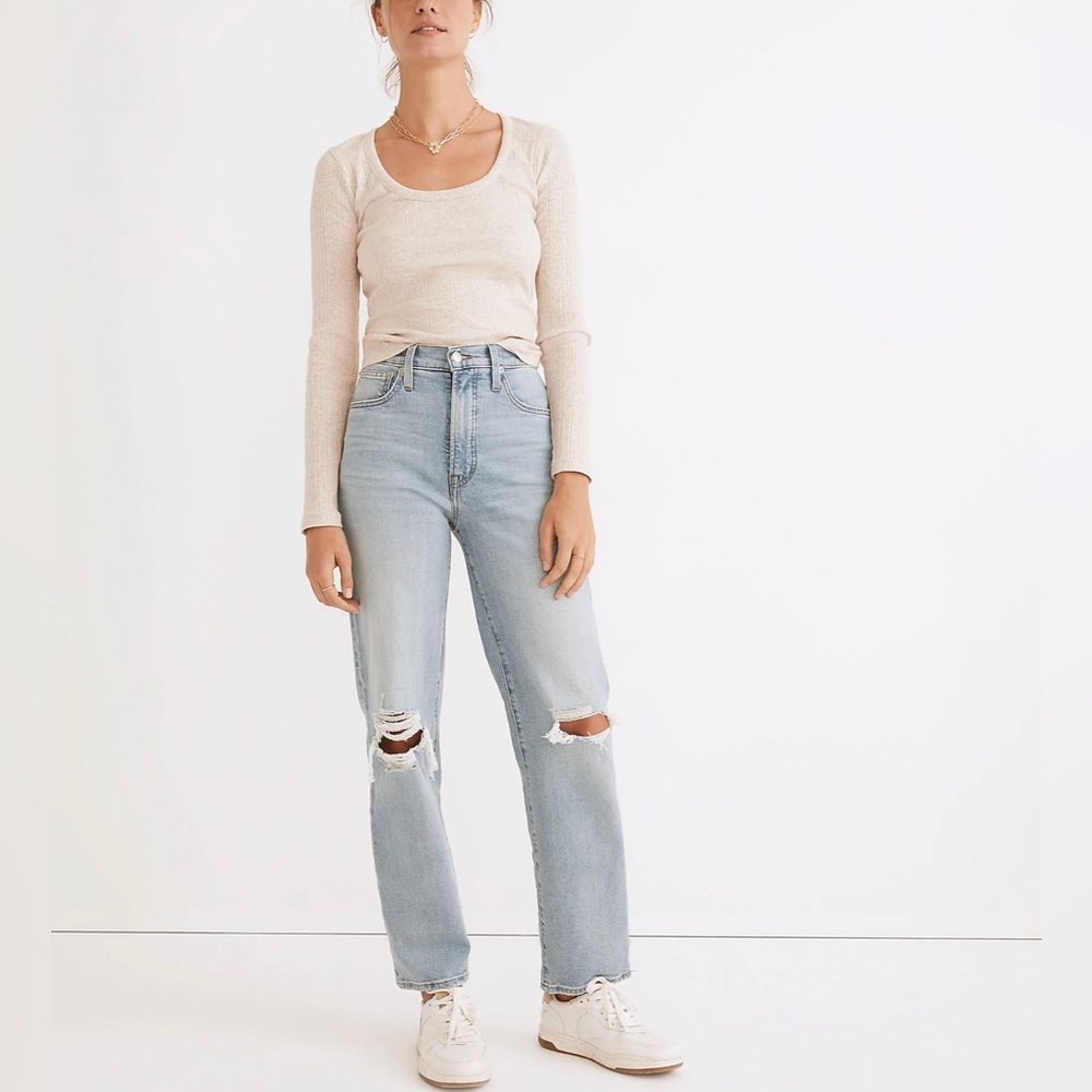 $148 MADEWELL Sz 25 Perfect Vintage Straight Jean in Danby Wash Knee-Rip Edition